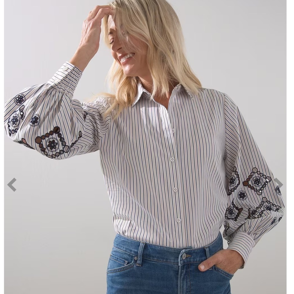 Chicos‎ size 2 12 long sleeve button up tunic embroidered sleeve white stripe